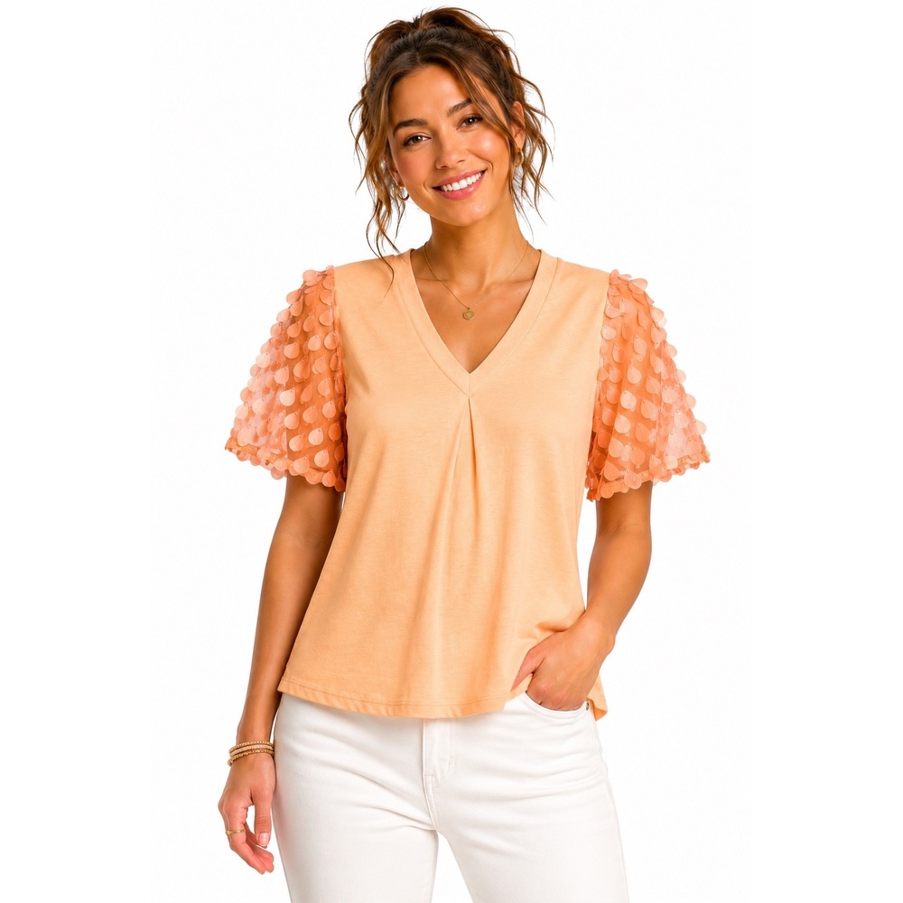 BYdesign Peach V-Neck Top with 3D Petal Flutter Sleeves Size L